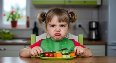 Little girl with pigtails looking displeased at a plate of vegetables at the kitchen table.