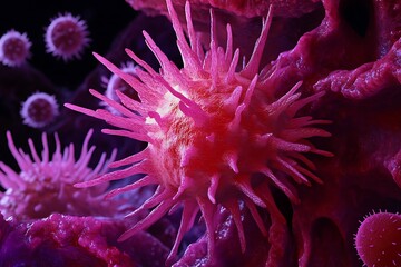 Microscopic of a pink virus cell infecting organic tissue, closeup detail