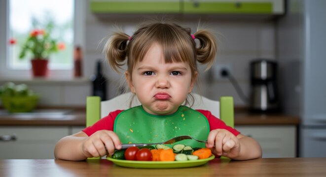 Little girl with pigtails looking displeased at a plate of vegetables at the kitchen table.