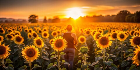 Obraz premium Summer Sunflowers: Person in Vibrant Field at Golden Hour