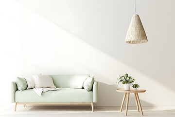 Minimalist interior with mint sofa, pendant light, potted plants and sunny window
