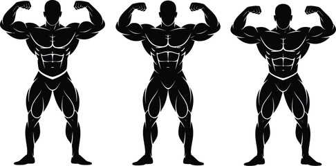 Three black silhouette bodybuilders posing with flexing muscles on white background