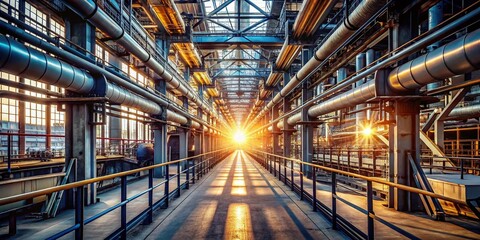 Fototapeta premium Sunlit Industrial Walkway: Pipes, Machinery & Sunlight Streaming Through Roof