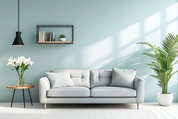 Minimalist living room with white sofa, lilies, palm, light blue wall and bright light