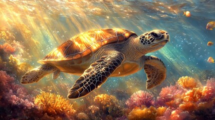 Fototapeta premium Majestic sea turtle gracefully swimming amidst vibrant coral reefs.
