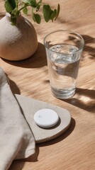 Minimalist setup glass, water, gadget, plant, and fabric on wood