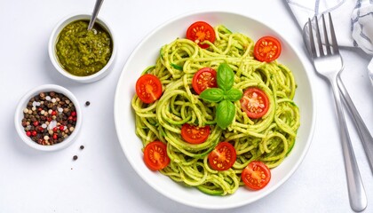 Zucchini Noodles with Pesto and Cherry Tomatoes 