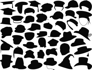 Black silhouette set of various hats, graduation caps, vintage and modern headwear, fashion icons, vector illustration, side view profile