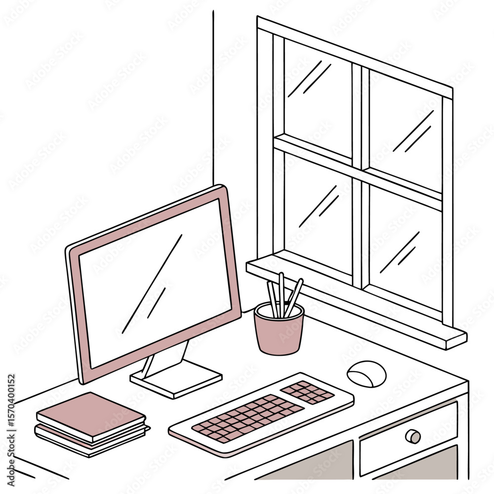 Fototapete a minimalist isometric illustration of a desk setup featuring a computer monitor keyboard mouse stac