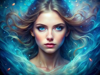 Fototapeta premium Surreal Close-Up Portrait: Woman with Mystical Blue Eyes