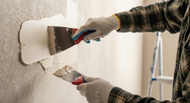 Worker applying wall plaster with putty knives