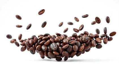 Obraz premium Dark roasted coffee beans levitate against a pure white background, ample copy space, suspension, aroma