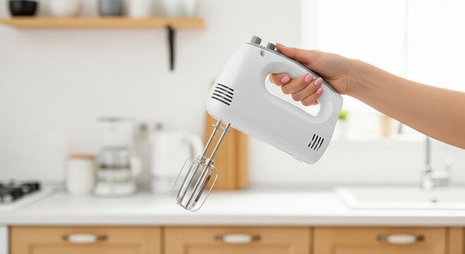 Woman holding electric hand mixer in kitchen