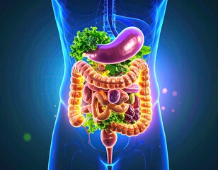 Human digestive system with food