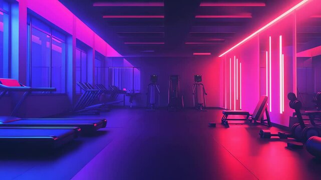 Vibrant gym interior lit with neon lights.