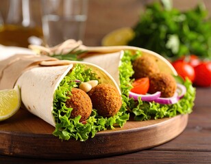 Falafel wraps on a wooden board