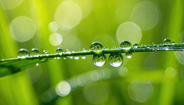 Closeup Dew Drops On Green Grass Blade - Powered by Adobe