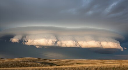 Dramatic Shelf Cloud Formation Over Golden Prairie Landscape at Sunset