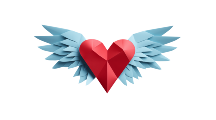 A red paper heart with light blue paper wings attached on a transparent background in the center of the image