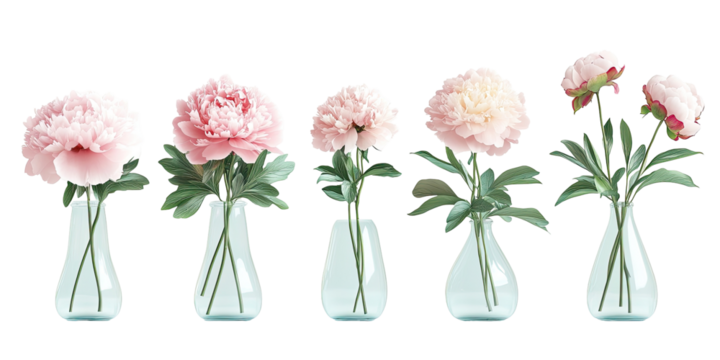 Pink peonies in light teal glass vases