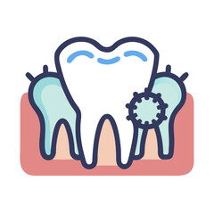Cartoon tooth with decay and bacteria affecting the gums