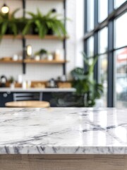 Empty marble surface blur cafe interior with shelves background for montage