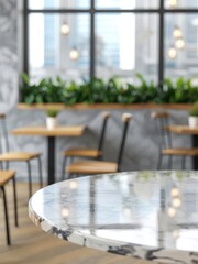 Empty marble surface blur cafe interior with shelves background for montage
