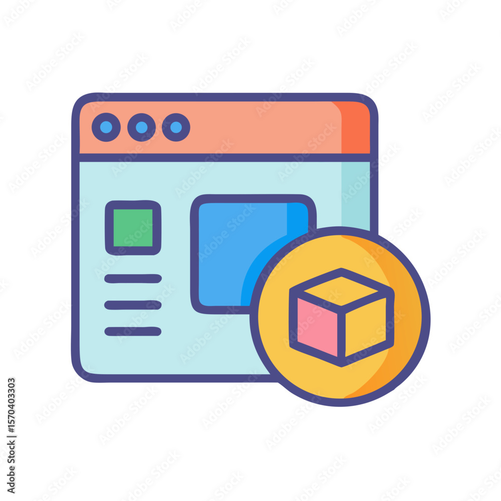 Poster flat style icon with web page and 3d object