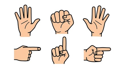 Obraz premium Cartoon Hand Gestures: Open, Fist, Pointing, Number One, Direction.