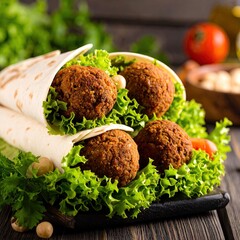 Falafel wraps on wooden board