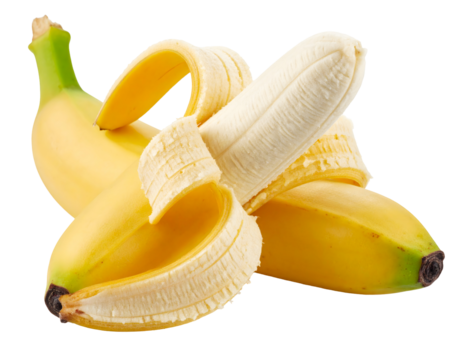 Fresh ripe bananas with peel exposed on Isolated transparent background