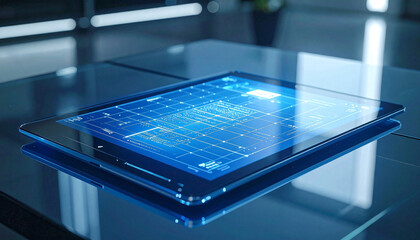 Smart Tablet and Technological Advancement: Capturing the technological essence of the future, a sleek tablet displays intricate digital blueprints, symbolizing innovation, data analysis.