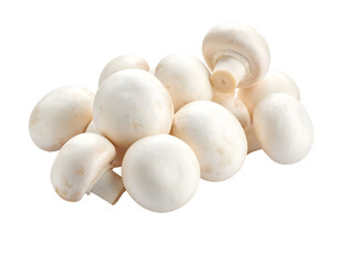 Fresh white mushrooms arranged on a wooden surface. Isolated transparent background