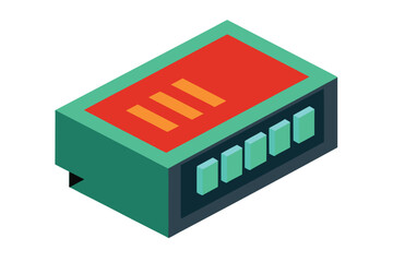 Isometric illustration of a digital device with a red screen and teal buttons