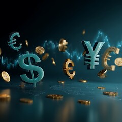 Currency Symbols and Coins Floating Above Blue Surface with Stock Chart in Background