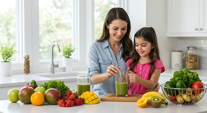 Healthy Eating Habits Mother and Daughter Making a Green Smoothie Together