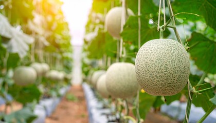 Fresh, ripe melons hanging from a vine in a greenhouse, with warm sunlight filtering through the leaves.