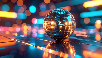 Shiny Golden Sphere In Colorful Neon Lights