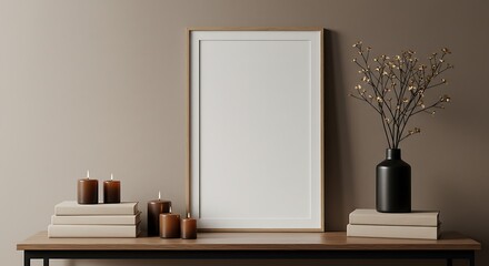 Minimalist interior with blank frame, candles, and floral arrangement on a wooden table.