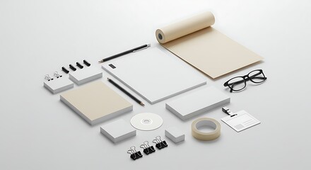 Fototapeta premium Minimalist stationery mockup featuring paper, pencils, and office supplies on a white surface