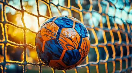 Close-up of a vibrant orange and blue soccer ball caught in a net at sunset.