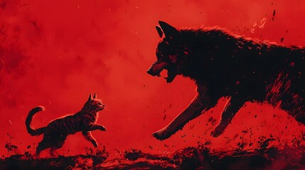 A dramatic contrast between a fierce wolf and a curious cat on a fiery red backdrop.
