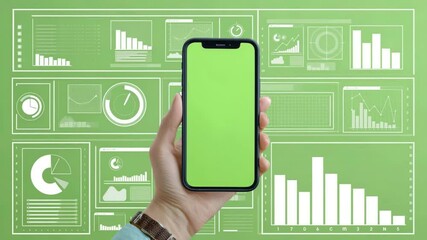 Hand holding a phone with green screen, surrounded by graphs and charts - Powered by Adobe