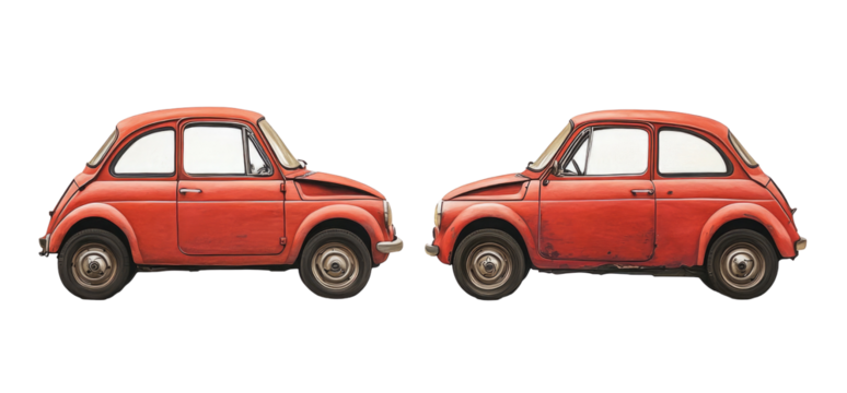 Two vintage red cars side-by-side