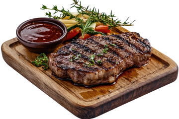 Grilled steak with vegetables and sauce on a wooden board