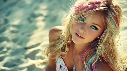 Young woman with wavy hair and bright blue eyes sitting on the beach at sunset.