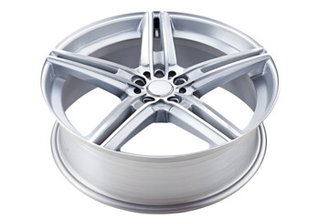 Obraz premium A close-up studio shot of a shiny, silver alloy car wheel.