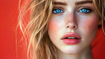 Close-up portrait of a young Caucasian woman with striking blue eyes and natural freckles.