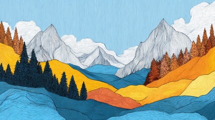 Abstract Hand-Drawn Mountainscape Illustration