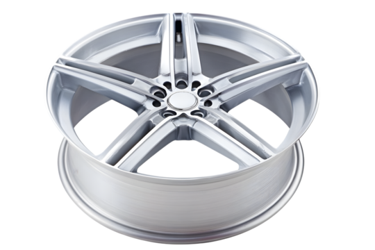 A close-up studio shot of a shiny, silver alloy car wheel.